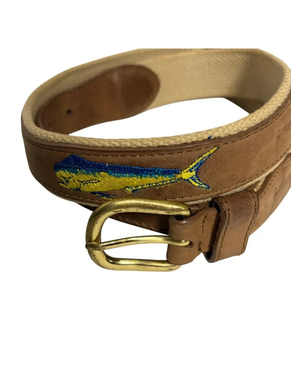 Guy Harvey Brown Leather Canvas Mahi Mahi Fish Belt Mens 32 Preppy Fishing